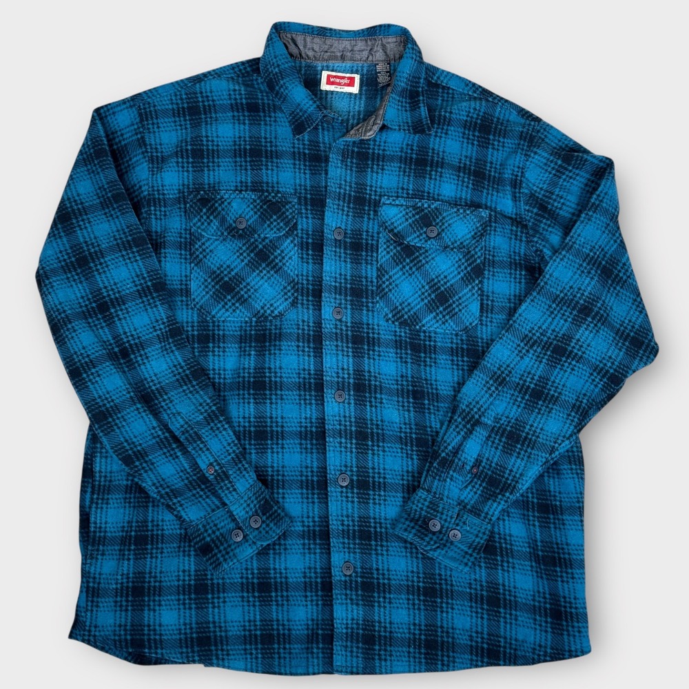 VTG Wrangler Flannel Jacket‎ Plaid Blue Button Down Side Pockets Men's Large